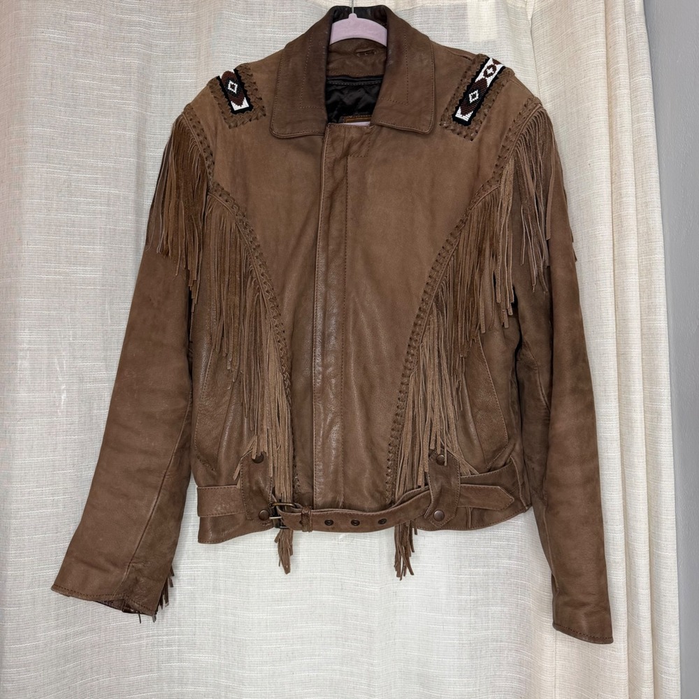 Vintage Unik Leather Fringe Beaded Western Jacket Brown Lined Men's Size Large